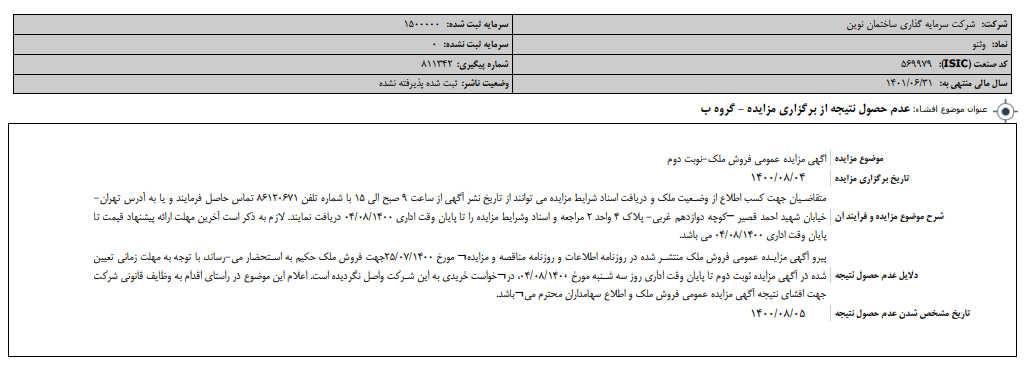 مزایده "وثنو" بی‌نتیجه بود