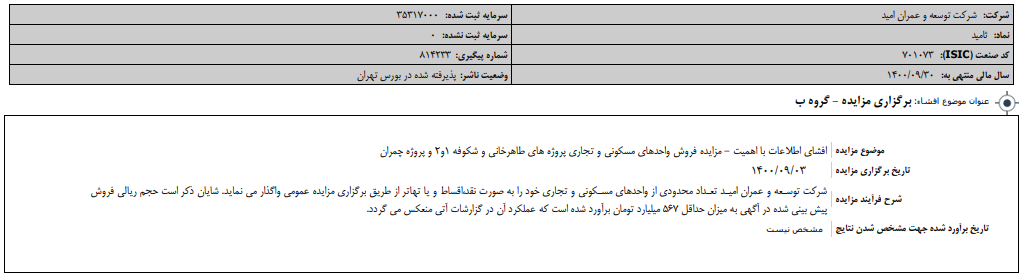 "ثامید" مزایده برگزار می کند