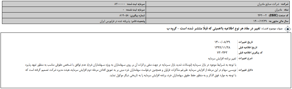 تغییر مفاد اطلاعیه های منتشر شده " مادیران "