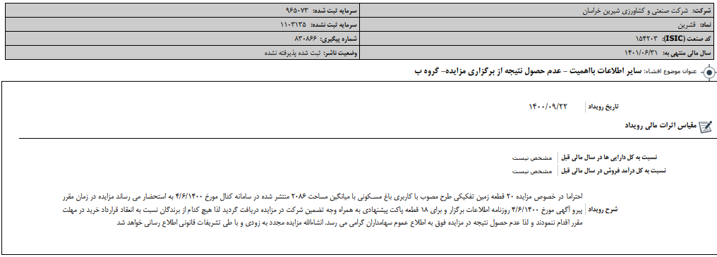 مزایده " قشرین " نتیجه نداد