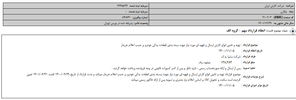  انعقاد قرارداد مهم «چکارن»