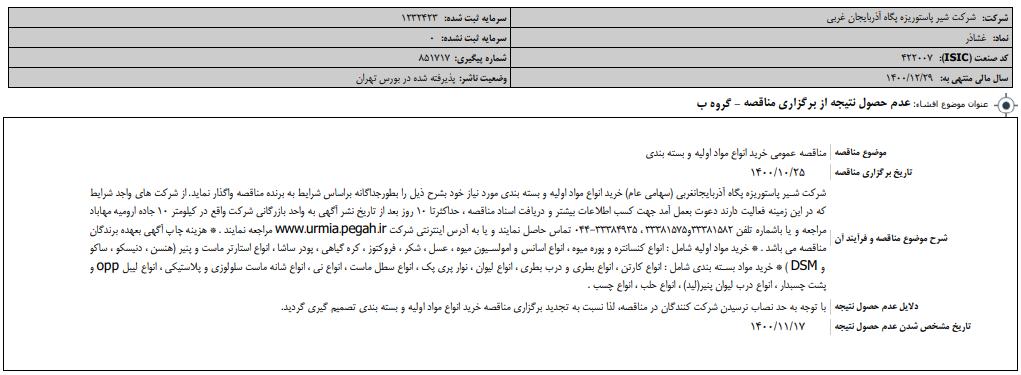 مناقصه «غشاذر» نتیجه نداد