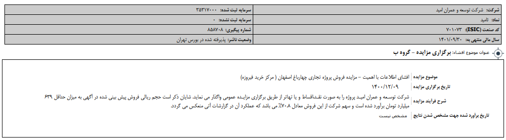 برگزاری مزایده «ثامید» 