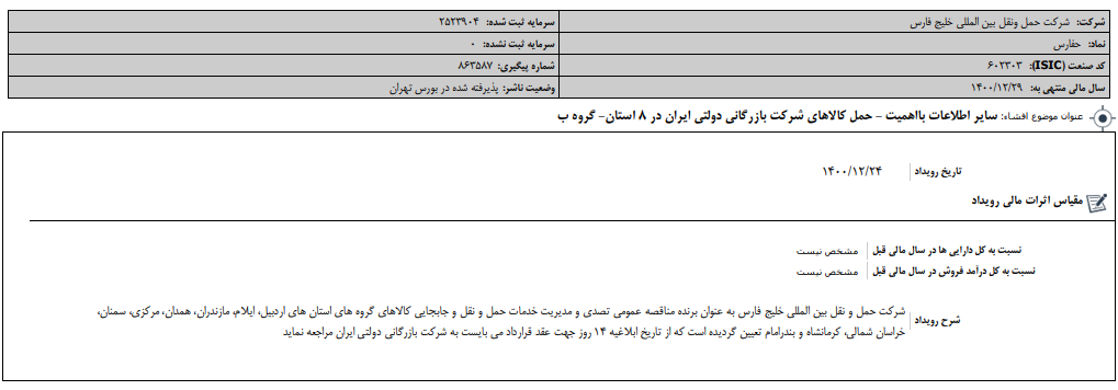 " حفارس " به ۸ استان کالا حمل می‌کند