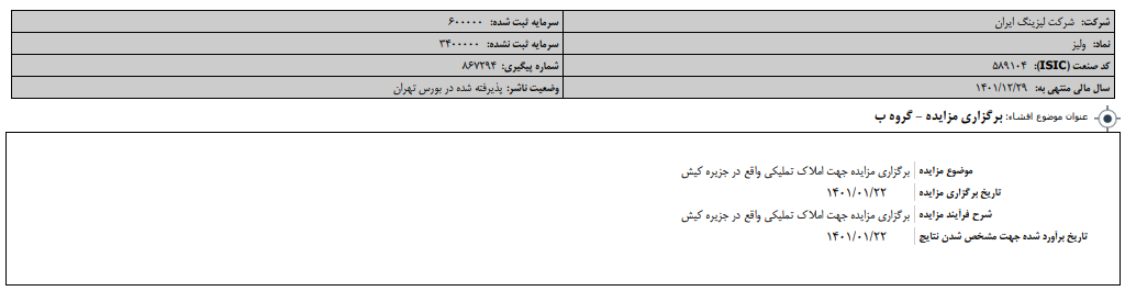 " ولیز " به زودی مزایده دارد