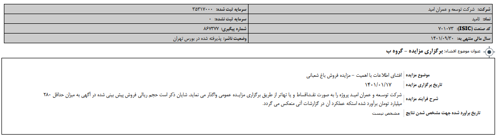 " ثامید " مزایده دارد