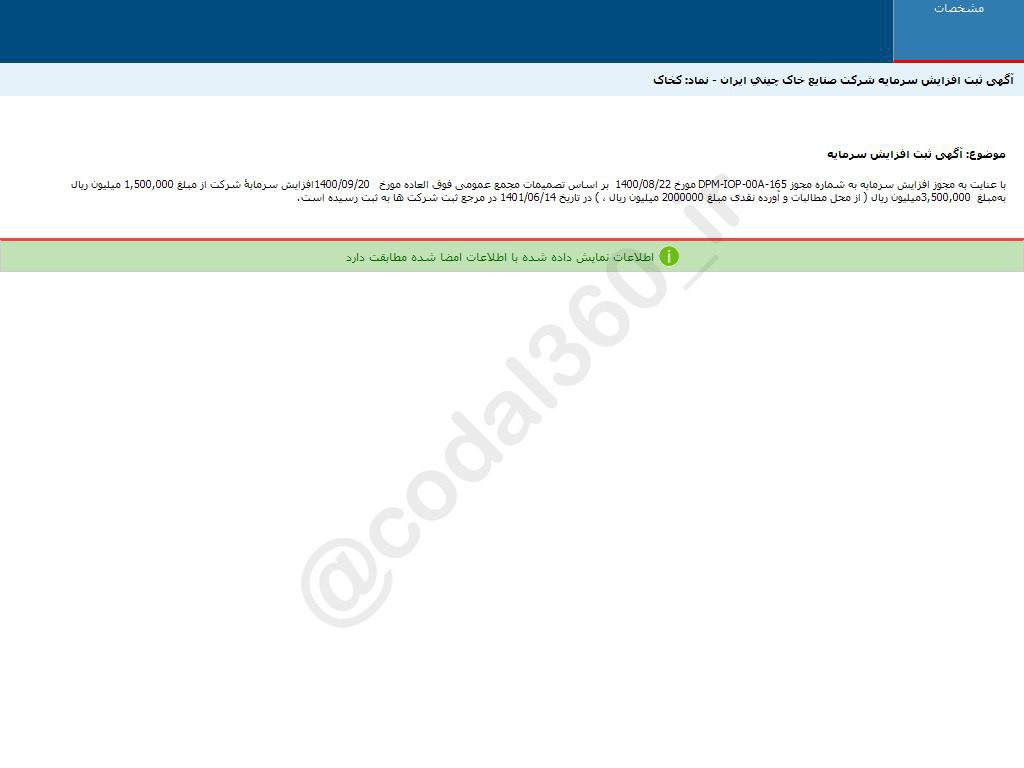 افزایش سرمایه کخاک ثبت شد