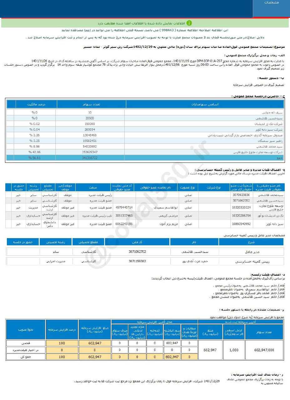 حسیر افزایش سرمایه می دهد