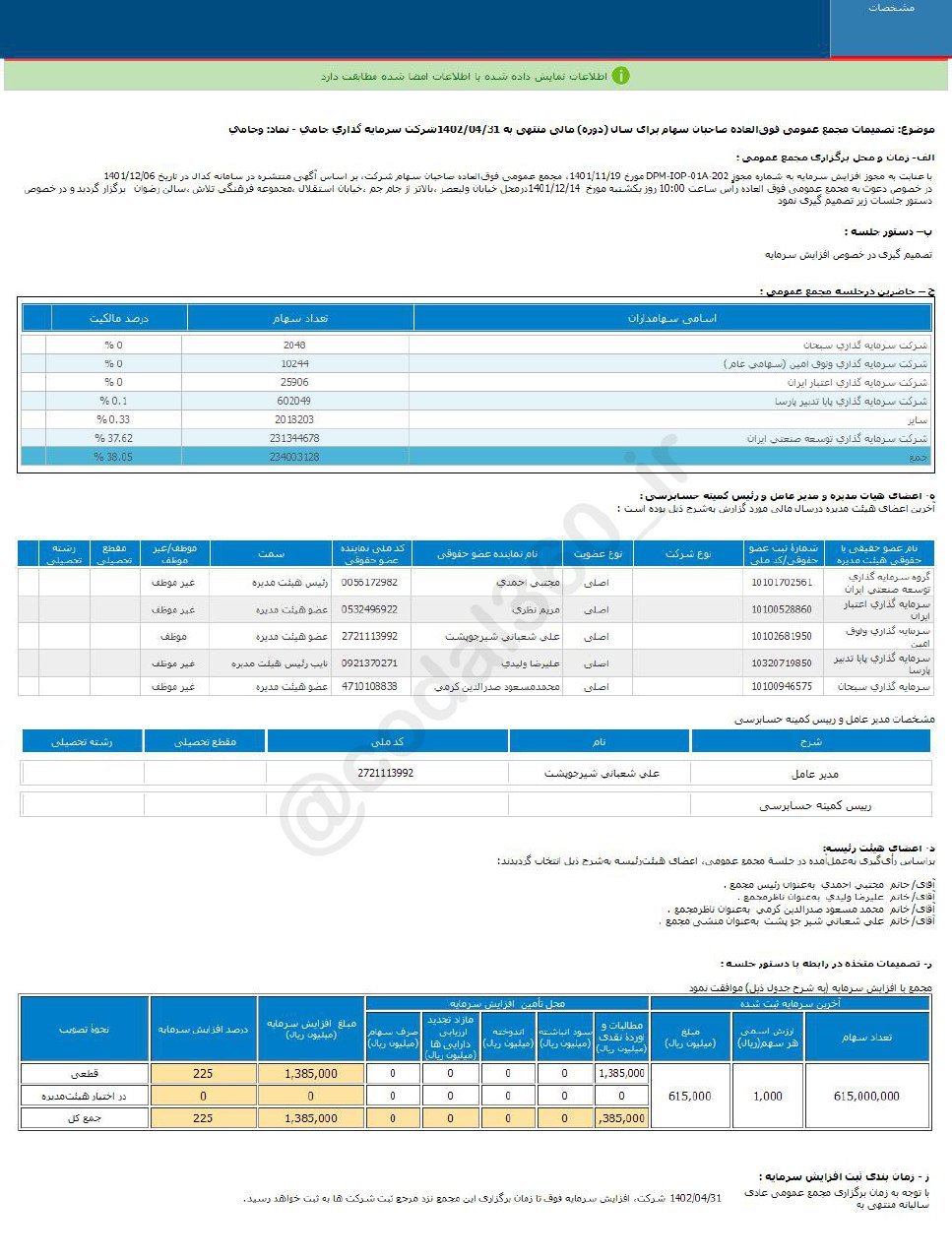 وجامی افزایش سرمایه می دهد