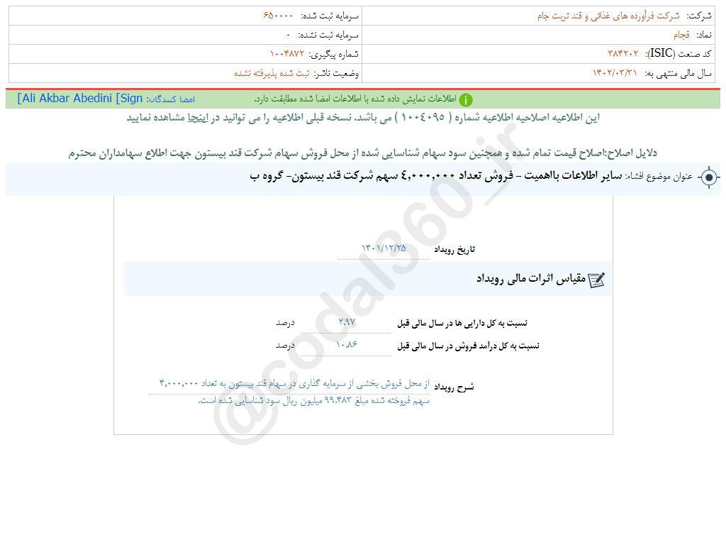 قجام در باره سود شناسایی شده توضیح داد