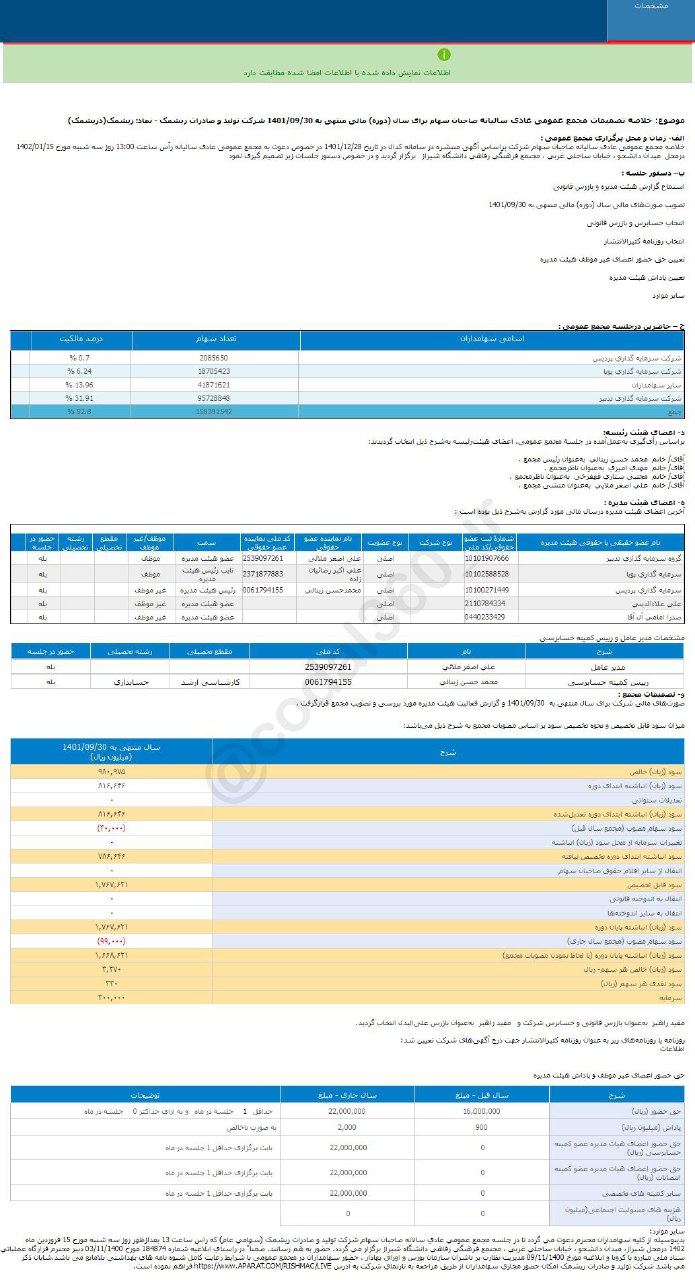 سود خالص هر سهم ریشمک چقدر است؟