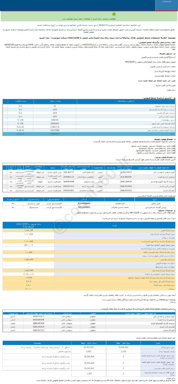 فسوژ به هر سهم ۲۸۰۰ ریال سود داد