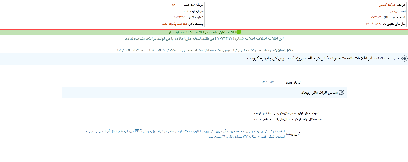 توضیح کیسون در خصوص مناقصه آب شیرین کن چابهار