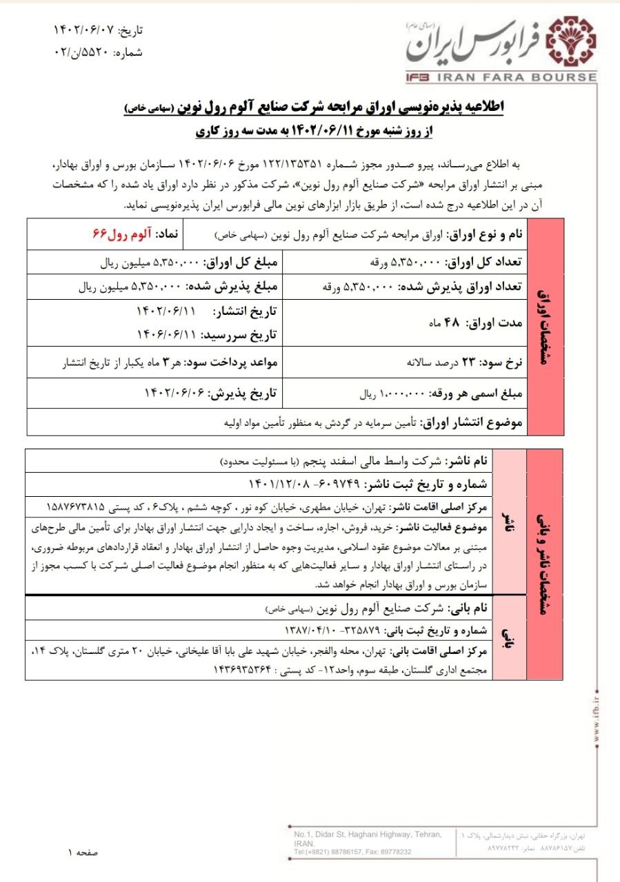 آغاز پذیره نویسی آلوم رول ۶۶ از شنبه در فرابورس