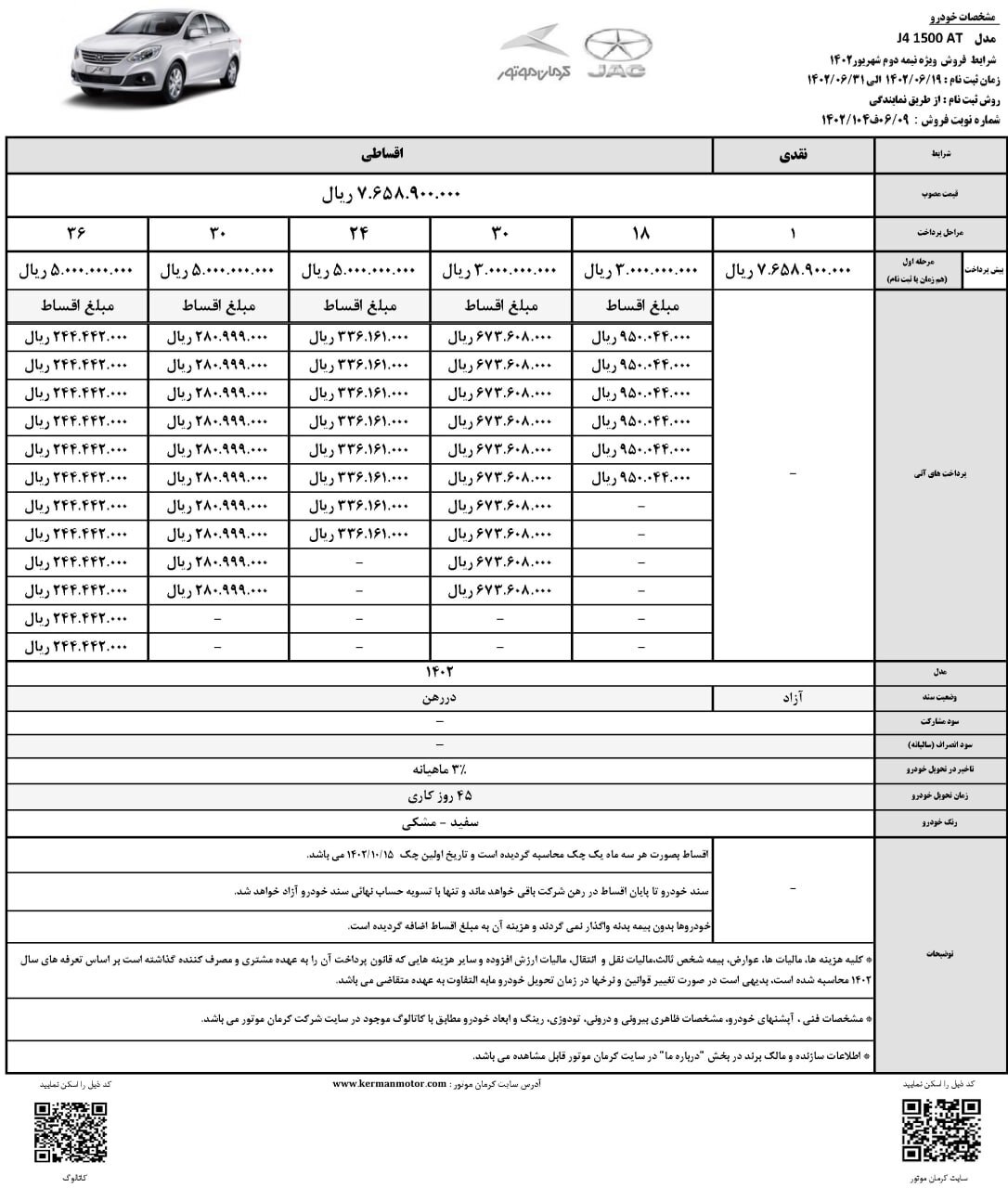 ​شرایط فروش نقدی و اقساطی جک J4  اعلام شد