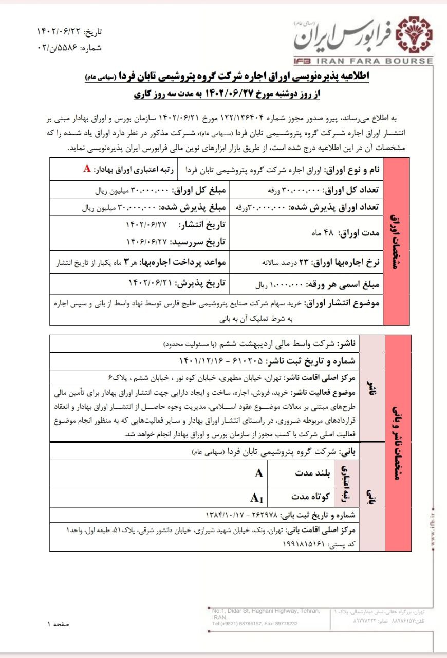 پذیرهنویسی گروه پتروشیمی تابان فردا از ۲۷ شهریور ماه