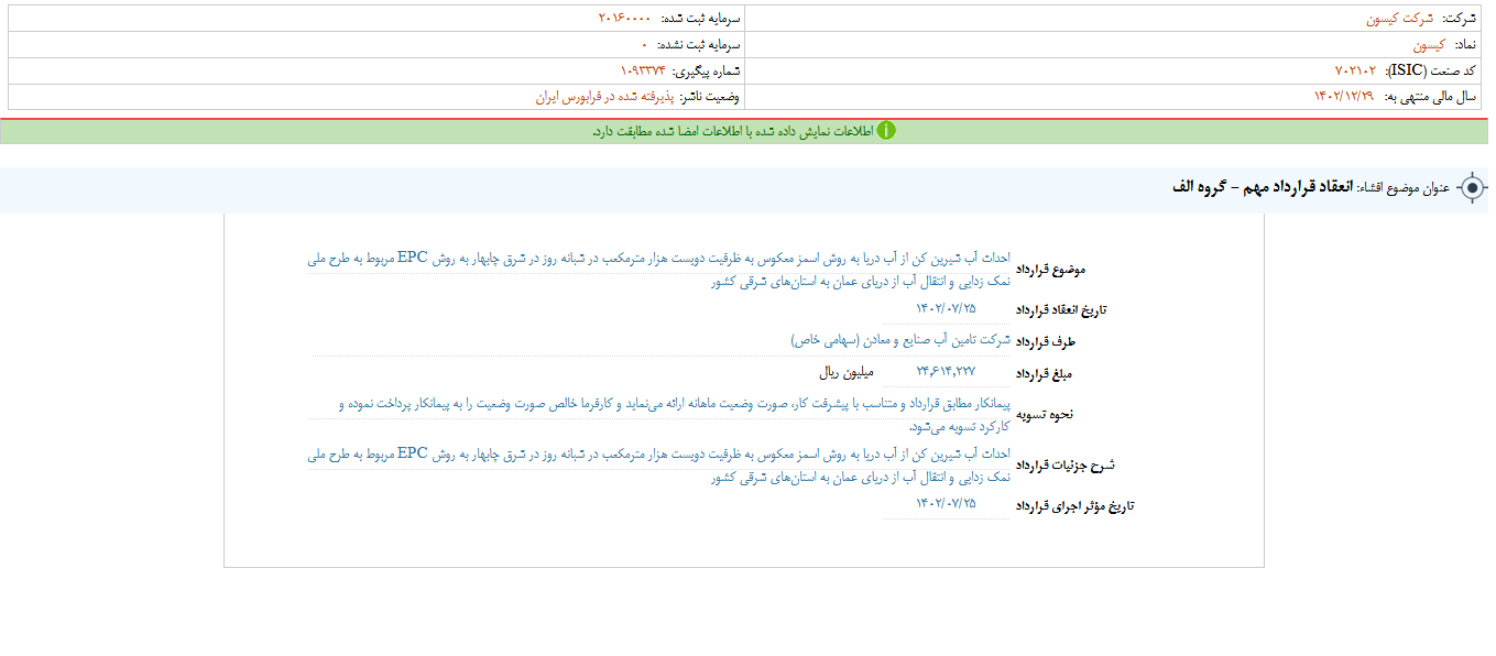 شفافیت نحوه انعقاد قرارداد آب شیرین کن کیسون