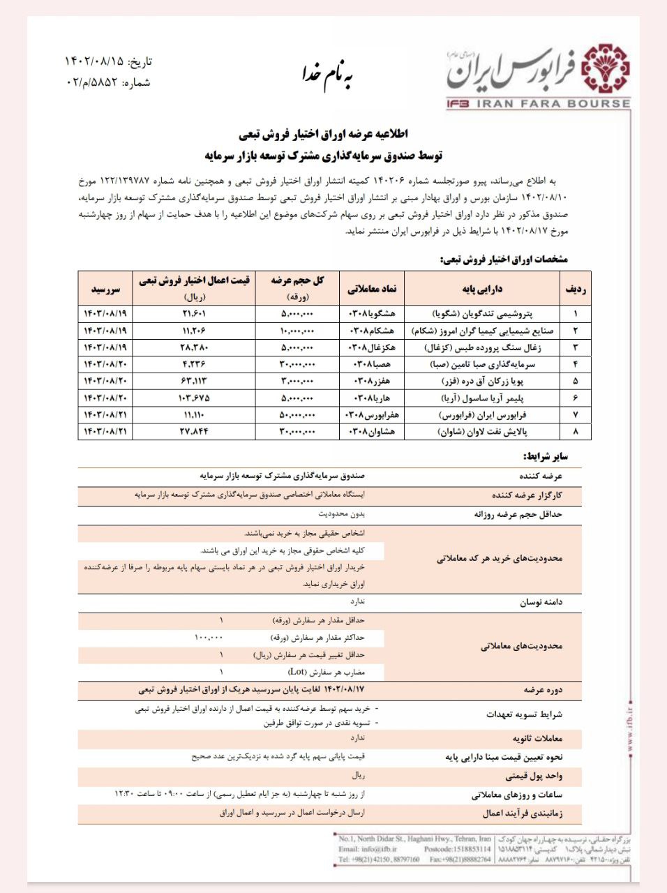 اعلام شرایط اختیار معامله صندوق سرمایه گذاری مشترک توسعه بازار سرمایه