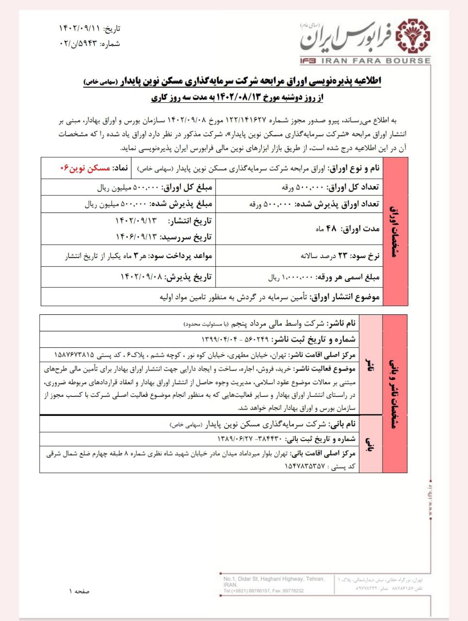 پذیره نویسی اوراق مرابحه شرکت مسکن نوین ۰۶ 