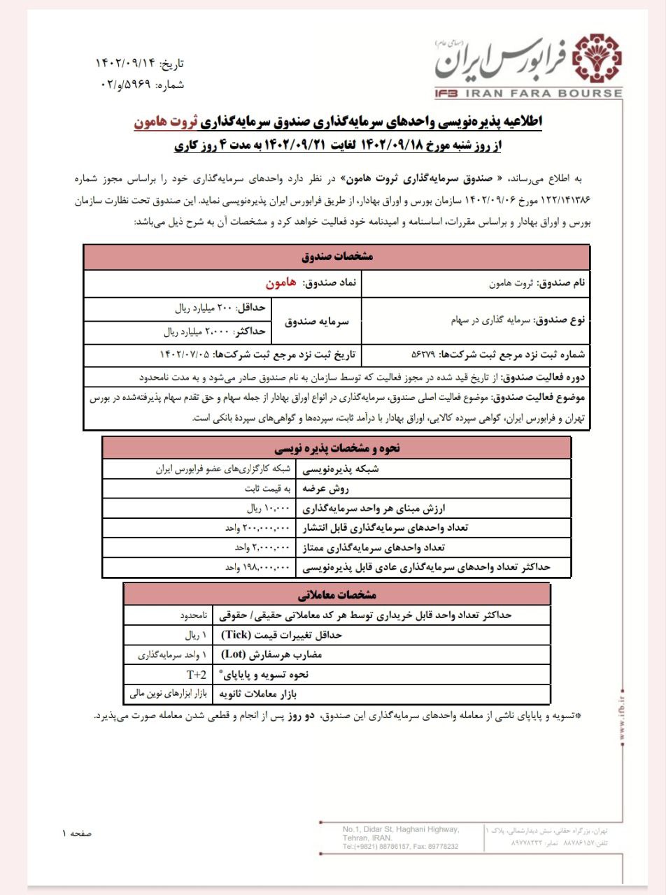 هامون شنبه در فرابورس پذیره نویسی می شود