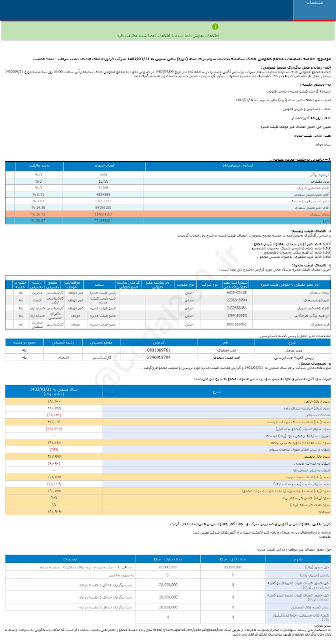 غدشت در یکسال چقدر سود به سهامداران داد؟