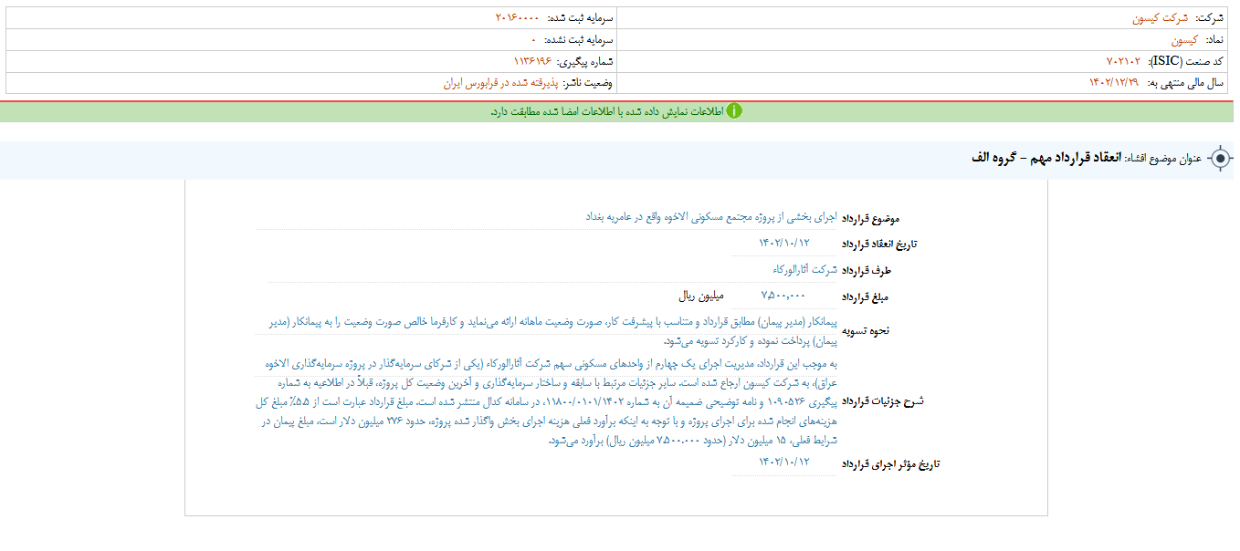 توضیح کیسون درباره  اجرای بخشی از پروژه مجتمع مسکونی الاخوه 