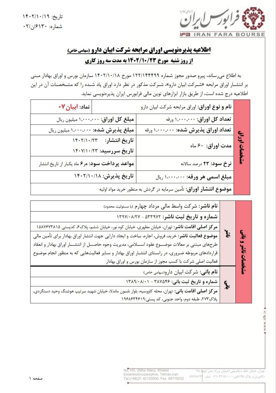 ابیان دارو از شنبه پذیره نویسی می شود