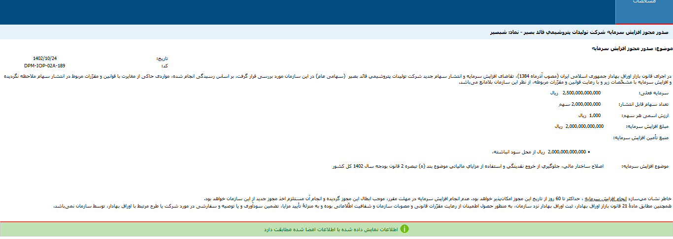 شبصیر مجوز افزایش سرمایه را گرفت