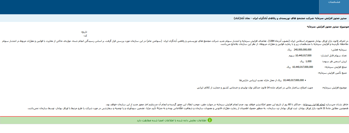 صدور مجوز افزایش سرمایه آباد