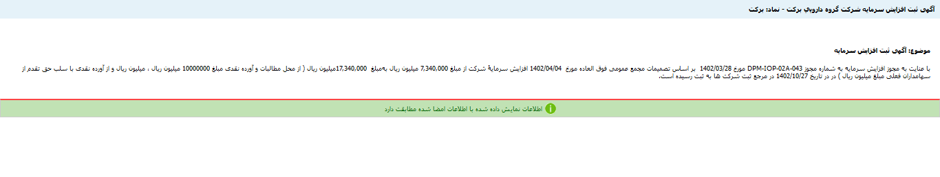 ثبت افزایش سرمایه برکت