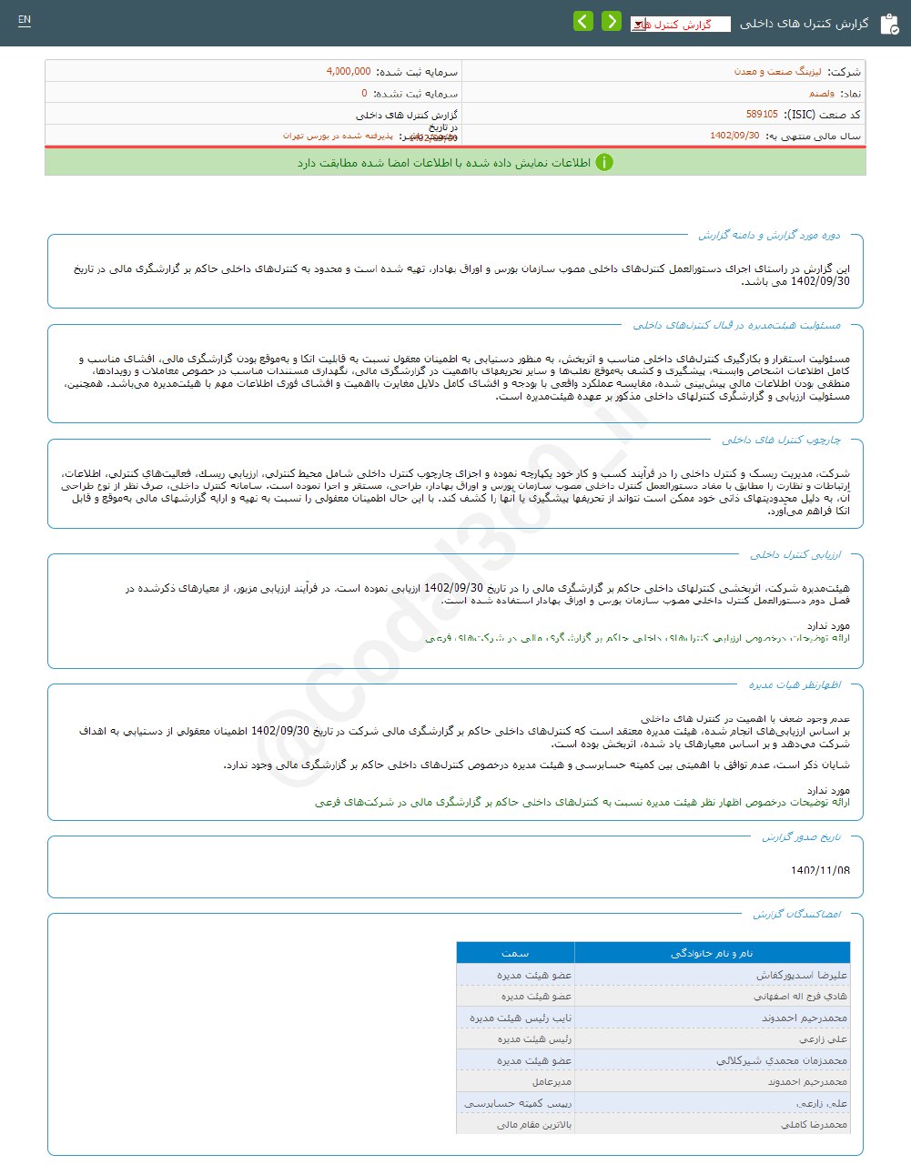 ولصنم گزارش کنترل های داخلی منتشر کرد