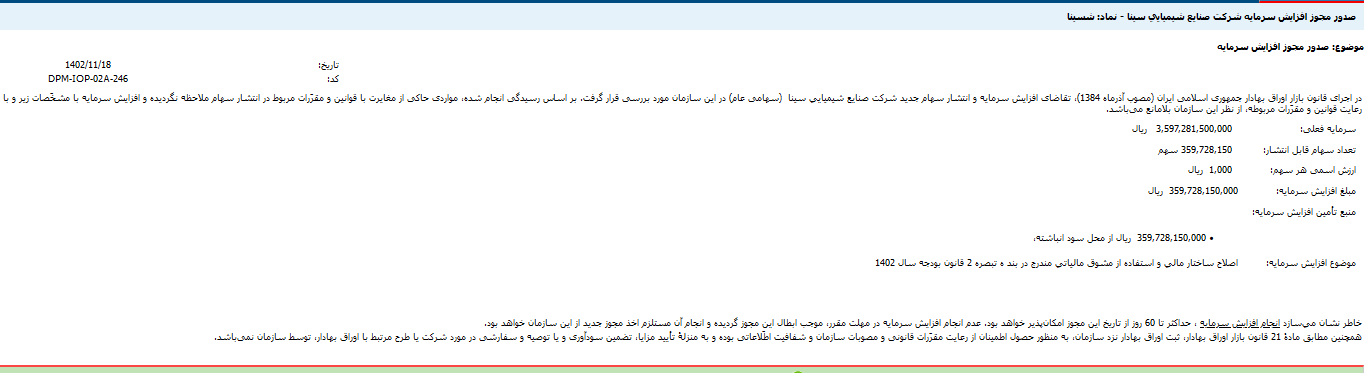 شسینا در خواست افزایش سرمایه می دهد
