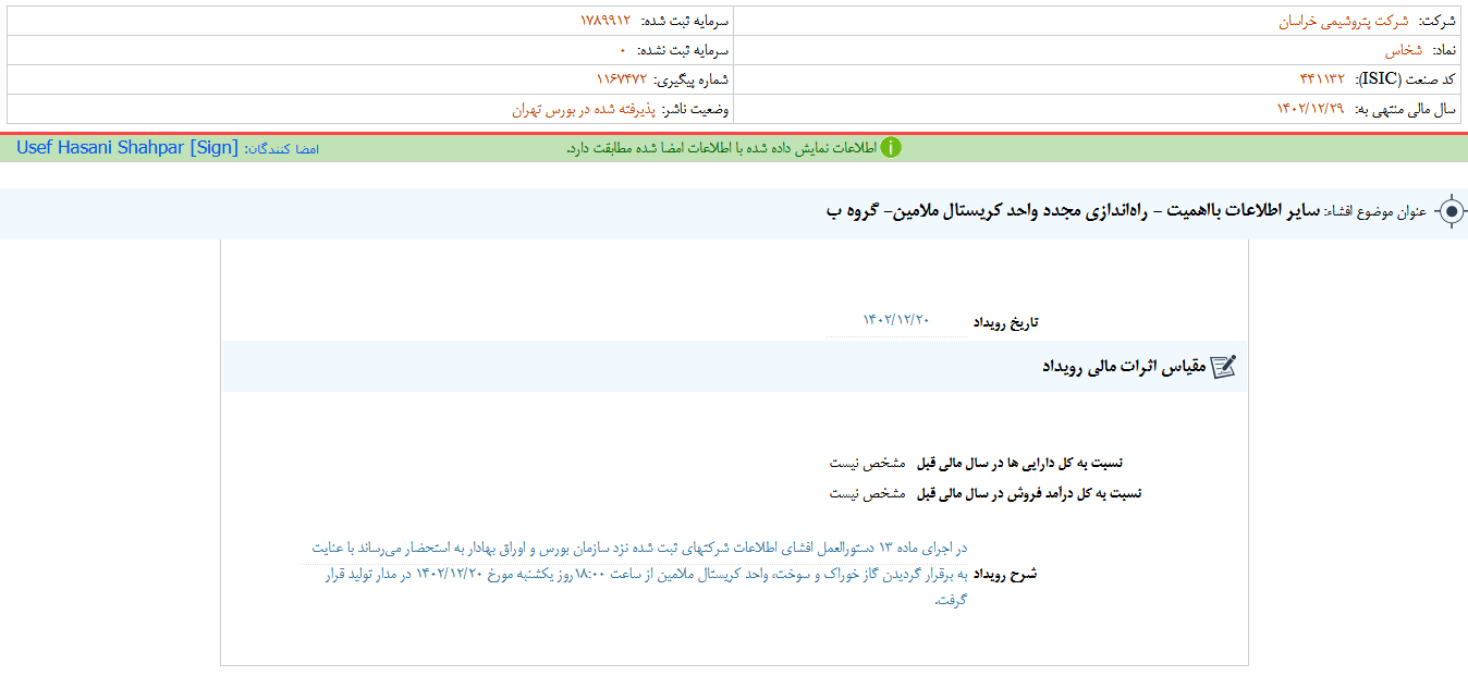  راه‌اندازی مجدد واحد کریستال ملامین خراسان