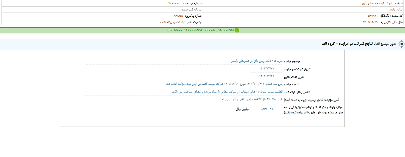 وآرین خبر از برگزاری مزایده داد