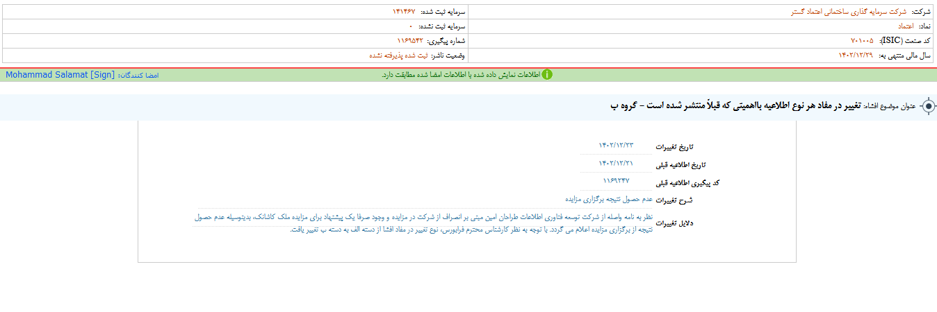 عدم حصول نتیجه برگزاری مزایده ثعتما