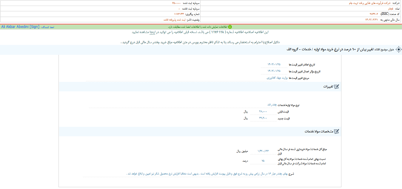 تغییر نرخ مواد اولیه قجام