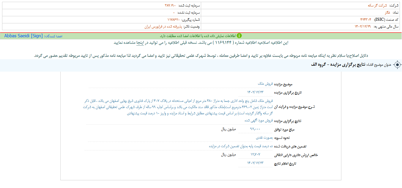 غگز از برگزاری مزایده خبر داد