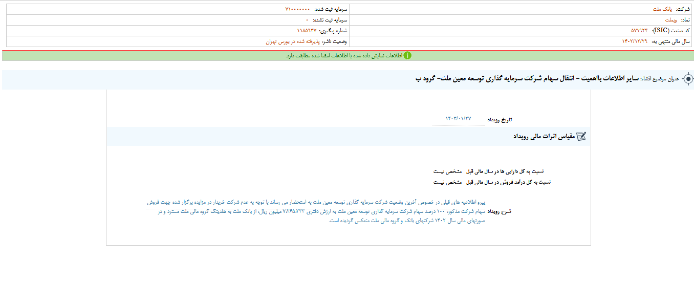 شفاف سازی وبملت از انتقال سهام یک شرکت