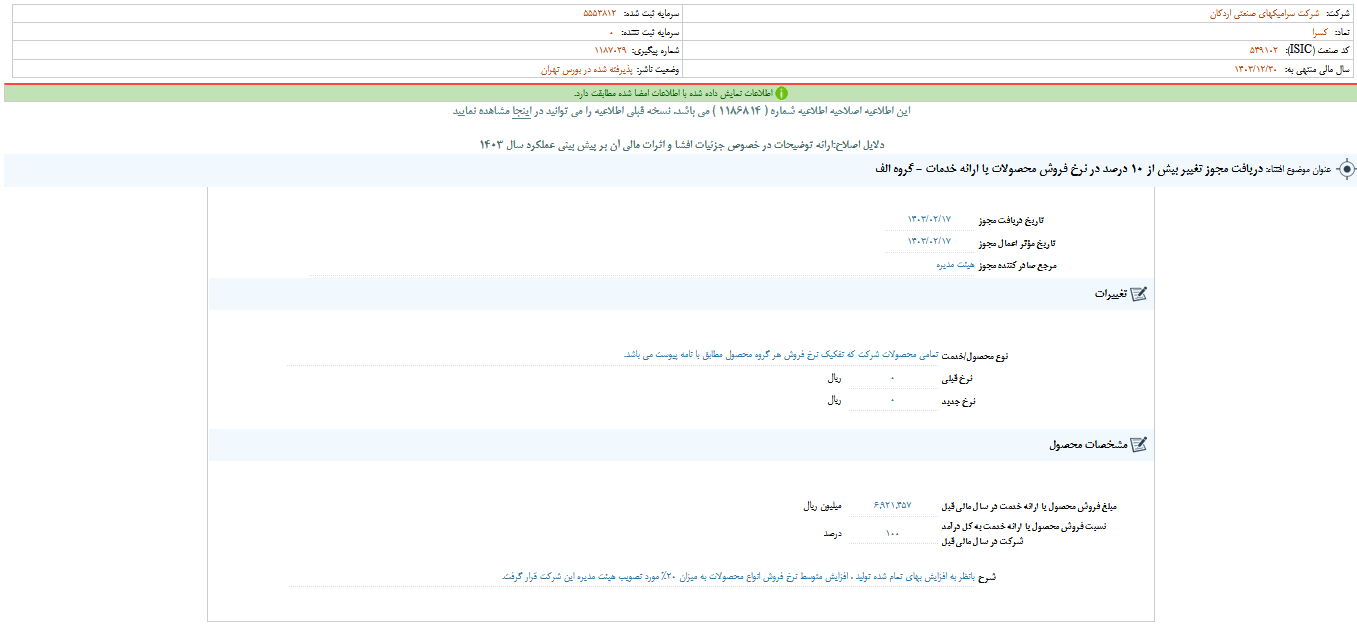 تغییر نرخ فروش محصولات کسرا