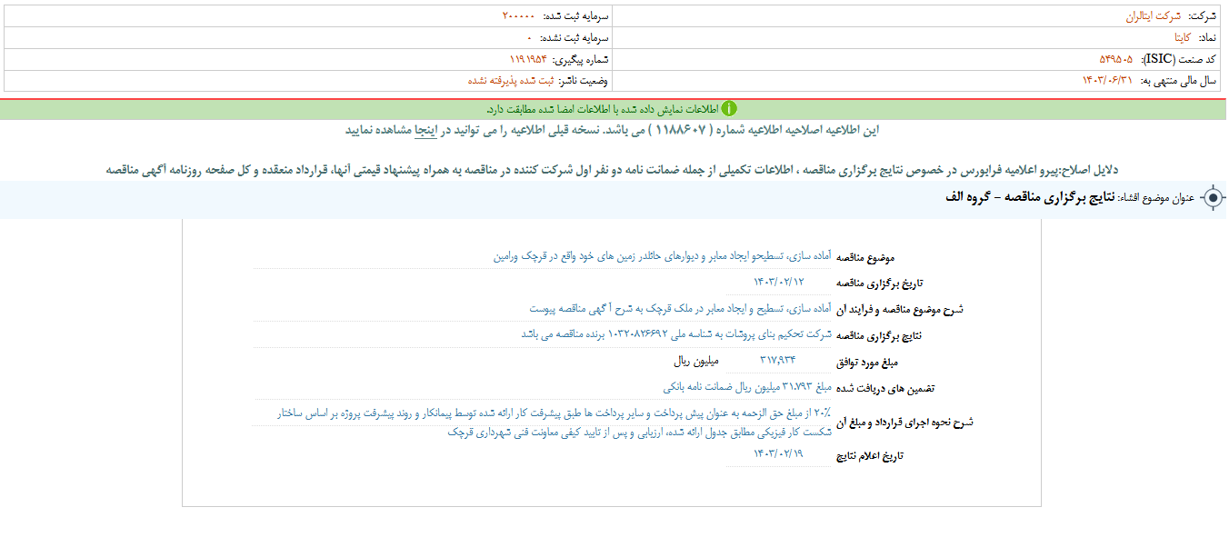 نتایج برگزاری مناقصه کایتا مشخص شد