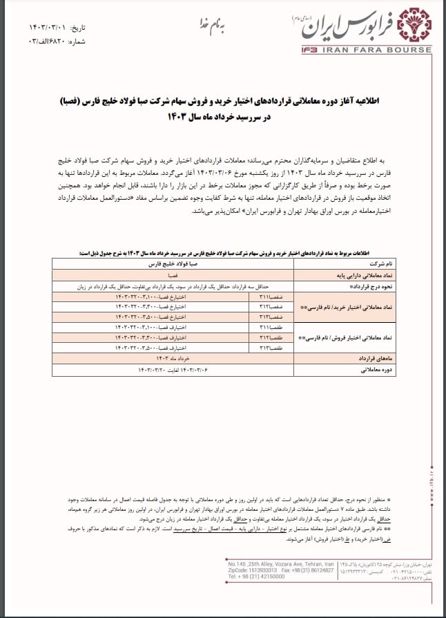 قراردادهای اختیار معامله فصبا از ۶ خردادماه
