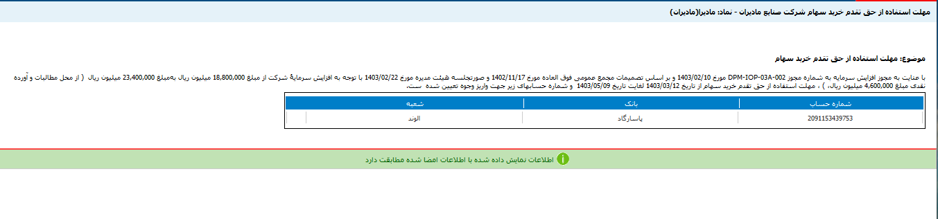 تعیین مهلت استفاده از حق تقدم مادیرا 