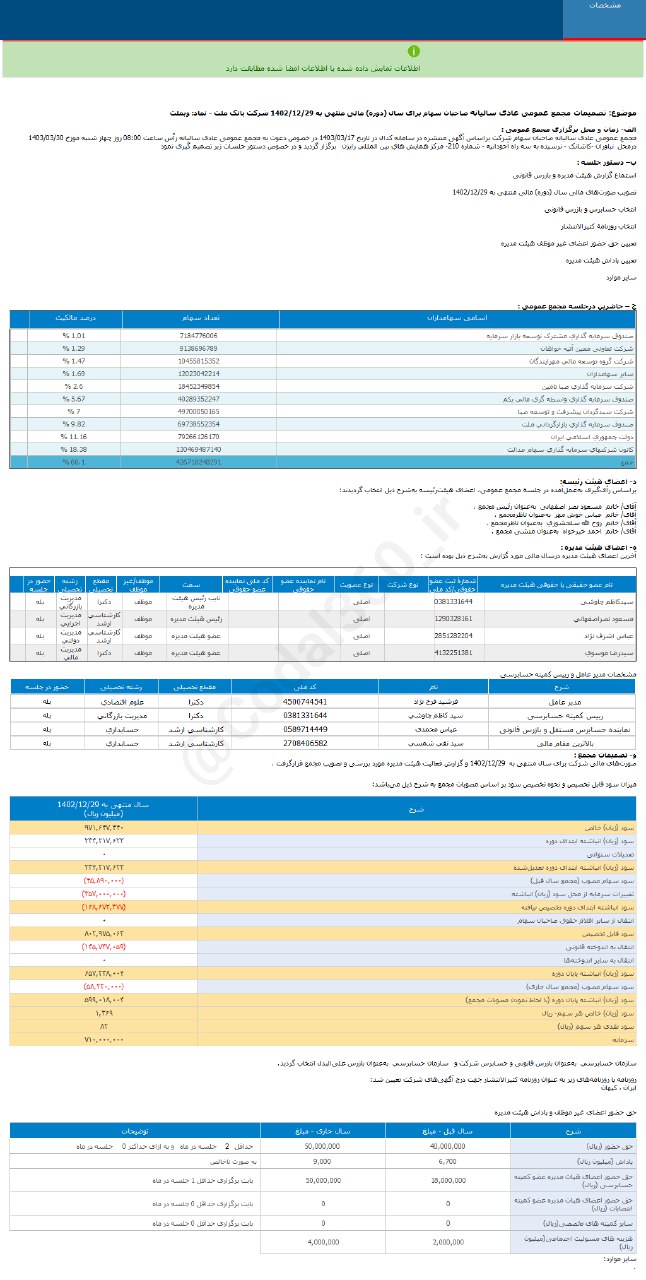 وبملت ۸۲ ریال سود نقدی به هر سهم داد