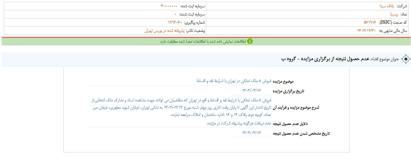 عدم حصول نتیجه از برگزاری مزایده وسینا