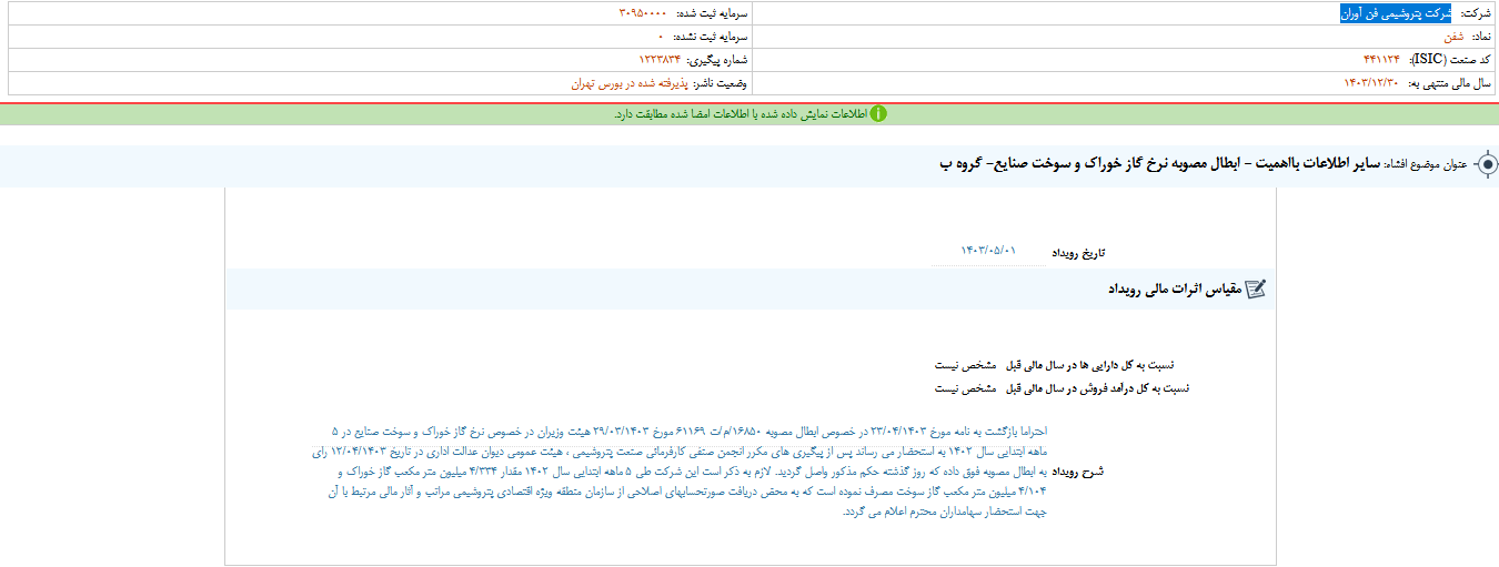 شفن هم از ابطال مصوبه نرخ گاز خوراک خبر داد