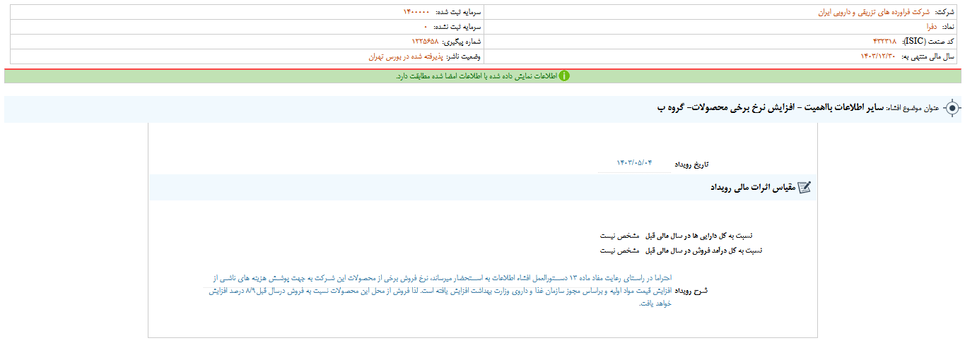 افزایش نرخ برخی محصولات دفرا