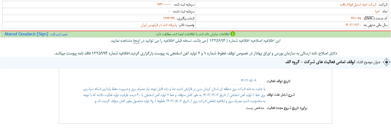 توقف تمامی فعالیت های شرکت احیا