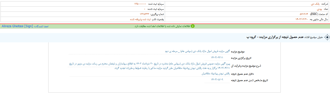 عدم حصول نتیجه از مزایده دی