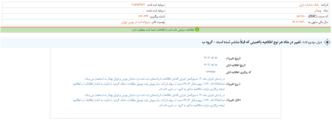 تغییر در مفاد اطلاعیه وبصادر 