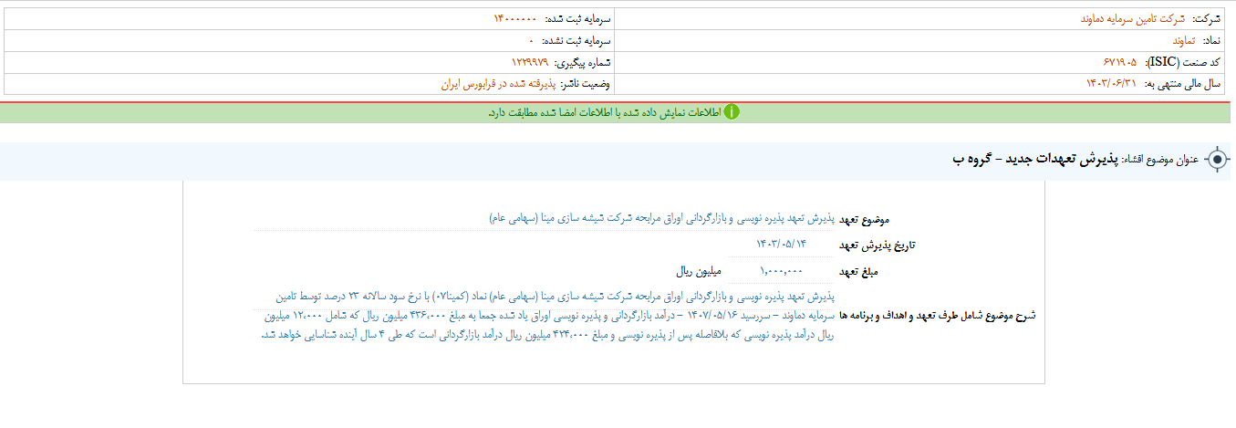 تماوند از پذیرش تعهدات جدید خبر داد